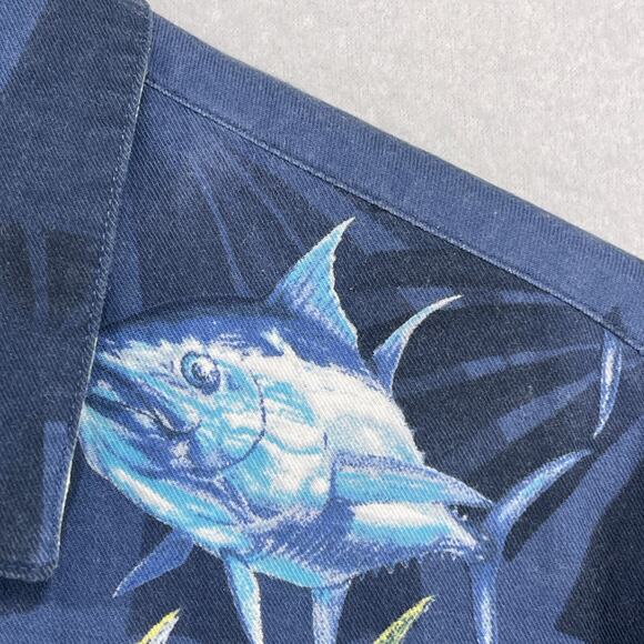 COLUMBIA Shirt Mens L River Lodge Tuna Fish Print Button Up Short Sleeve Blue - Picture 1 of 12